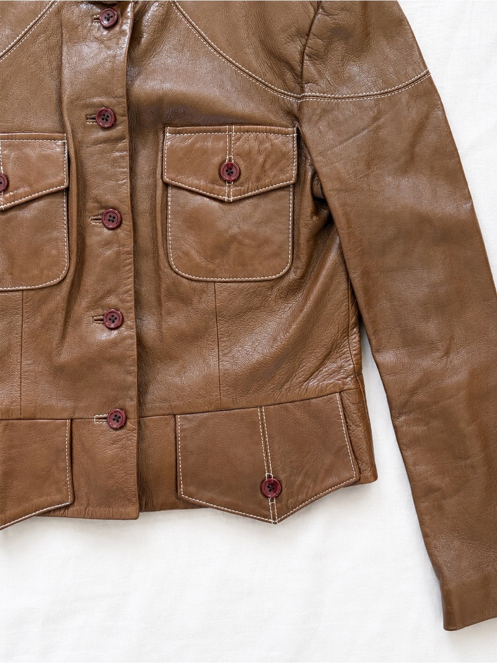 Vintage Y2K Zelda Cognac Lamb Leather Jacket Utility Pocket Boho Size 8 - Picture 3 of 7